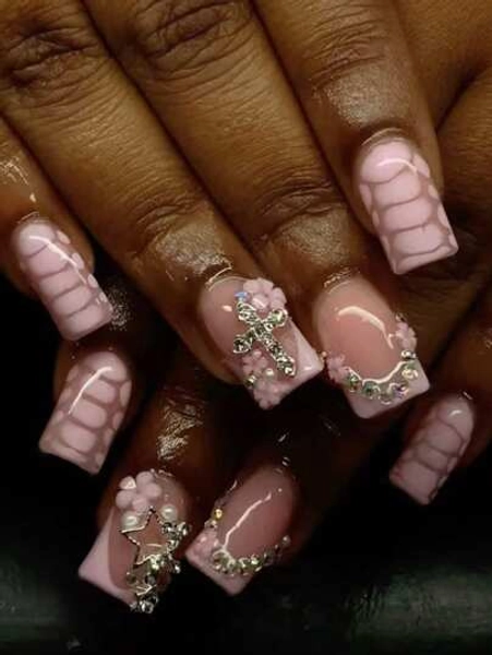 24Pcs Short Square 3D Flower Nails, Stars, Crosses With Rhinestones Decoration Design French Acrylic Press On Nails Short Perfect Fit False Nails Kit,Including: 1Pc Jelly Gel And 1Pc Nail File. Easy To Wear Summer Nails & French Tip Nails Art For Woman Girl Daily Work Wear Rave Party Use Nail Supplies Nails