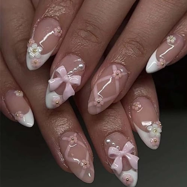 Foccna French Press on Nails Medium Rhinestone Pink Fake Nails Almond Bling Glossy 3D Flower False Nail Tips Artificial Nails Finger Manicure for Women&Girls -24 pcs