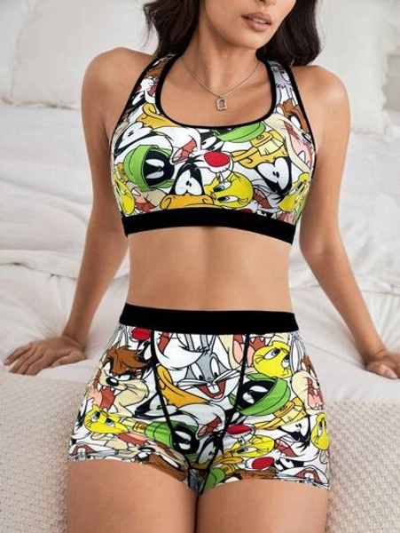 LOONEY TUNES X SHEIN Women Black Comfy Cartoon Print Removable Soft Cup And Boyshort Panty Underwear Set, Sport,Yoga,Workout Sets