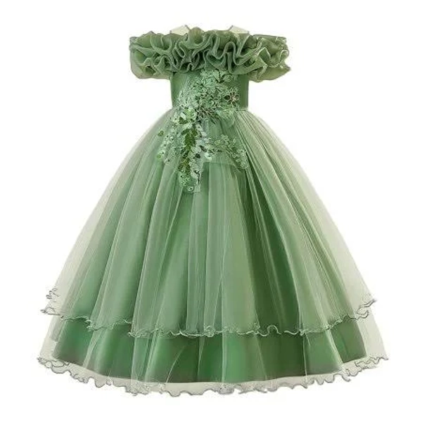 Girls' One-Shoulder Sequin Flower Tulle Princess Dress