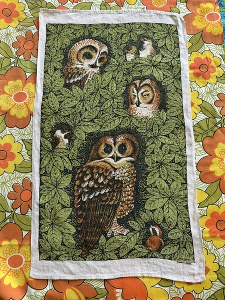 Vintage Lois Long Owl Kitchen Tea Towel Linen
