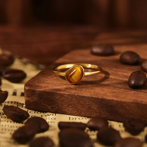 18K Gold Tiger Eye Ring: Dainty Art Deco Copper Jewelry