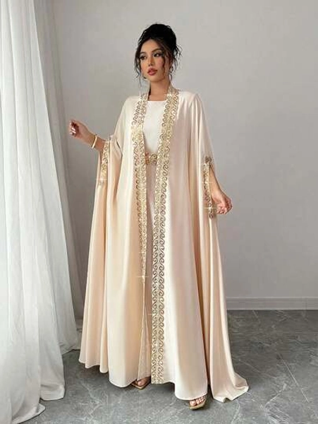 Rafferiza Women's Splice Ribbon Batwing Sleeve Jacket & Dress Elegant 2 Pieces Set - Size S