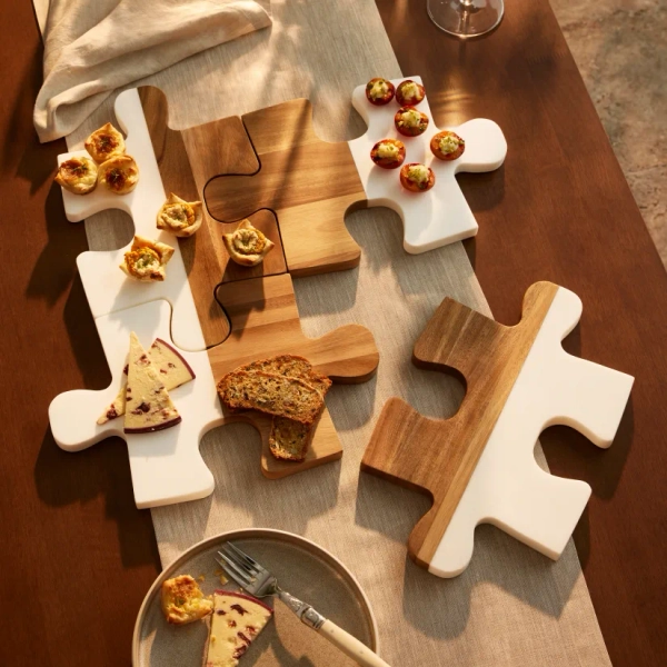 Wine Enthusiast Acacia and White Marble Puzzle Cheese Board Set of 4