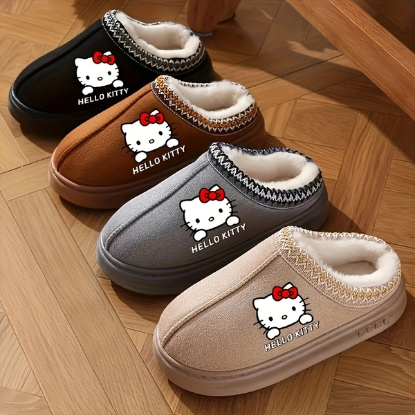 Sanrio Hello Kitty Women's Plush Slippers - Cute Hello Kitty Face & Iconic Bow Design, Plush Sole &, Non-Slip Winter /Outdoor House Shoes (Black/Brown/Beige) - Pink Bow Accent, Licensed Hello Kitty Merchandise