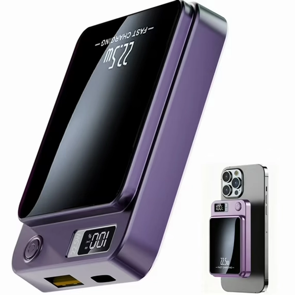 Wireless Power Bank,10000mAh Super Capacity with LED Power Display,2 in 1 Portable Magnetic Power Bank Compatible with Multi Device with Cable,Purple