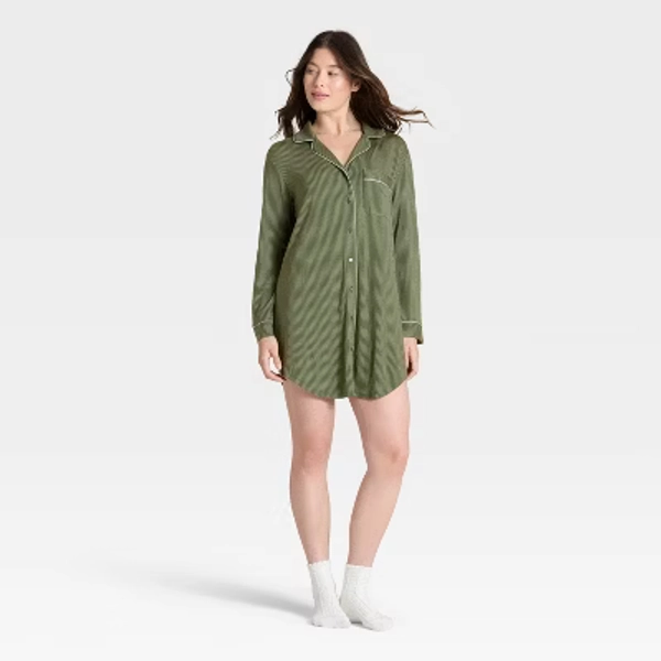 Women's Cloud Knit Modal Notch Collar Long Sleeve Nightgown - Auden™ Olive Green M