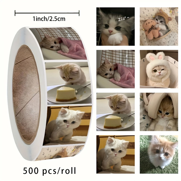 500pcs Cute Fuzzy Kitten Roll Stickers with 8 Different Patterns, Perfect as Decorative Items for Cabinets, Phones, and Computers.