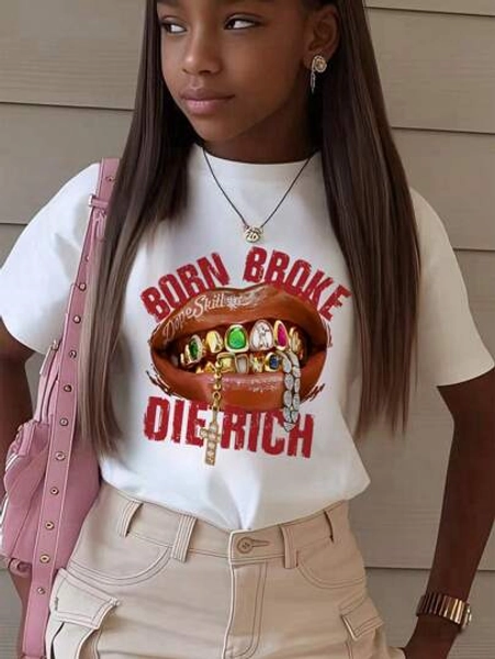 1pc Girls' Casual Letter Print Round Neck Short Sleeve T-Shirt, Summer Student Young Casual Wear - Minimalist English Letter Style T-Shirt Inspiring Imagination And Self-Expression