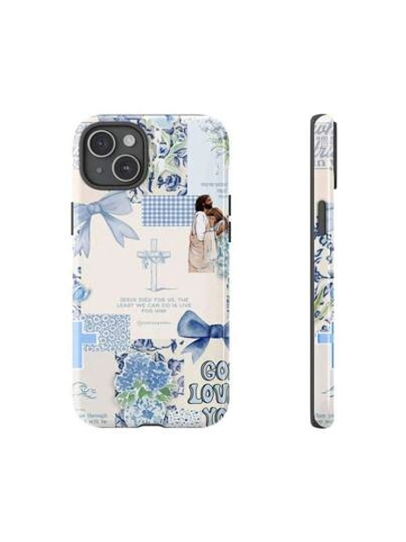 Christian Collage Phone Case - Faith-Inspired Design For IPhone, Jesus & Cross Art, Aesthetic Blue Floral, Gift For Him & Her