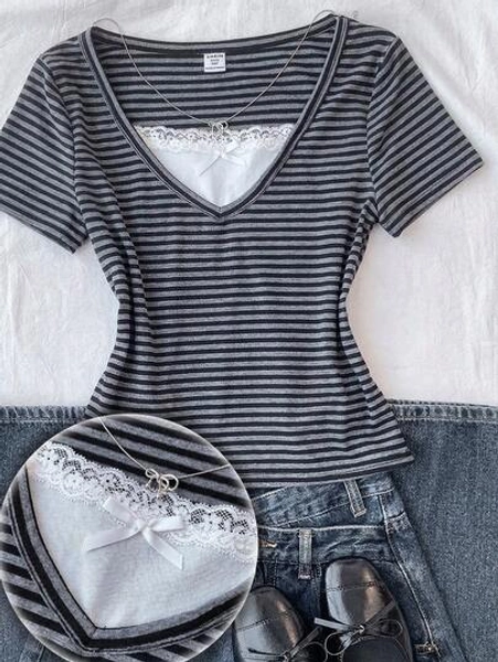 Teen Girls Short Sleeve Grey Striped 2 In 1 Lace T-Shirt Casual Top Summer Cute Tee - Size 16Y