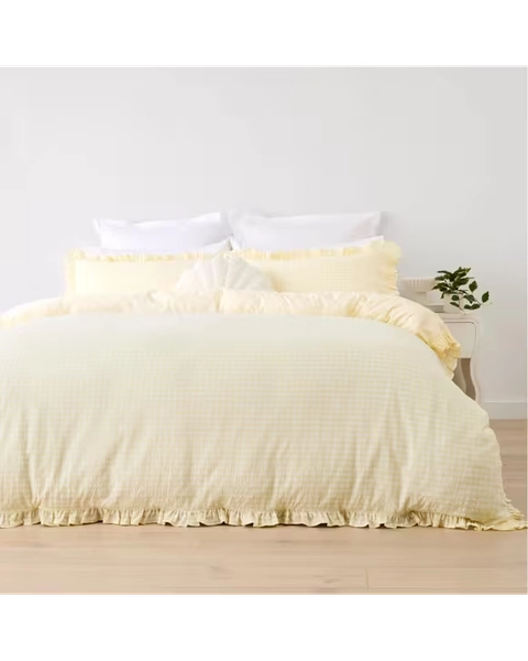 Gingham Ruffle Cotton Quilt Cover Set - Queen Bed, Butter