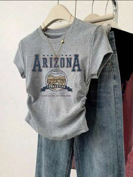 Reset Phase Casual Arizona Letter Graphic Fitted Short T-Shirt For Teen Girl Summer Toddler Outfits Boy Baby Clothes Baby Clothes Toddler School Clothes