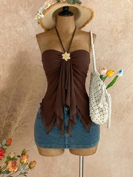 Soleia Women's Asymmetrical Hem Camisole With Seashell Decor, Suitable For Beach Vacation, Summer