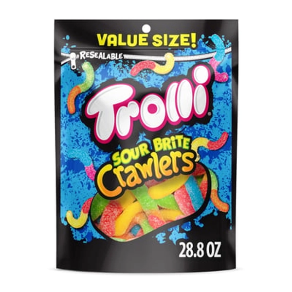 Trolli Sour Brite Crawlers, Candy, Cherry-Lemon, Strawberry-Grape & Orange-Lime, Sweet and Sour, Gummy Worms, 28.8 oz Bag