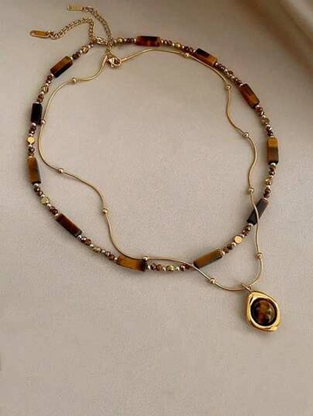 1pc/Set Vintage Elegant Multi-Layer Tiger Eye Stone Pendant Necklace, Women Double-Layer Clavicle Chain Jewelry Set, Fashion Accessories For Daily Wear And Party, Best Friend Gift (Natural Stone Color And Quantity Of Round And Square Beads Are Random)