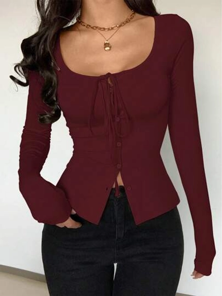 Chiquease Women's Sexy Solid Knitted Elastic Crew Neck Tie Decor Long Sleeve Bodycon T-Shirt, Versatile Daily Wear Fall Cloth For Women