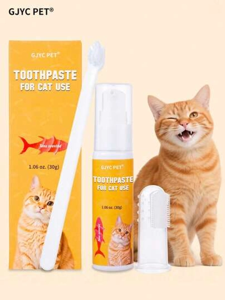 GJYC PET 1 Set 3pcs Cat Dental Care Kit - Removes Bad Breath, Includes Tuna Flavored Cat Toothpaste, Cat Toothbrush And Cat Finger Brush, Comprehensive Oral Care, Keeps Fresh Breath And Healthy Teeth, Weight 1.06oz - Size Tuna Scented