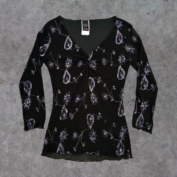 Y2K Wrapper black mesh quarter sleeve top w/ purple...