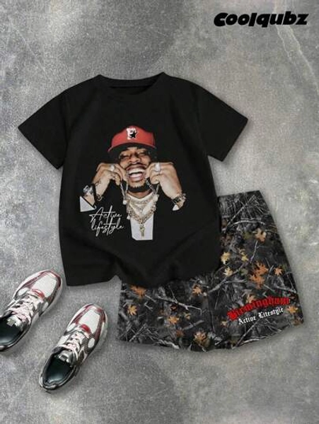 SHEIN Tween Boy Character Print Short Sleeve T-Shirt And Shorts Casual 2 Pieces Set