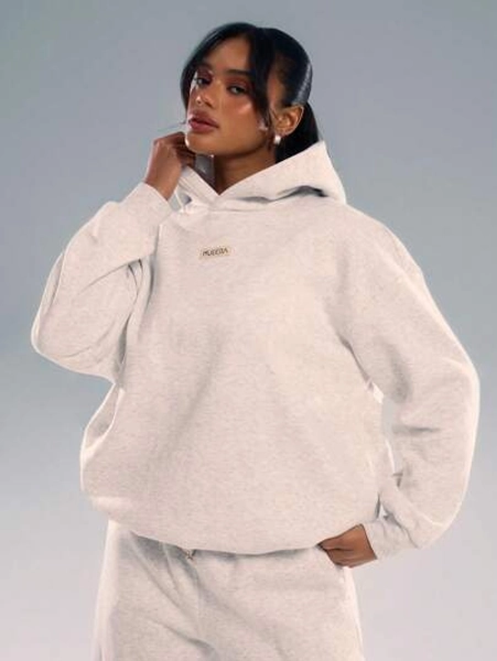MUSERA Logo Text Embroidery Patch Oversized Hoodie Relaxed Sweatshirt Back To School Autumn Winter Cosy Fall Christmas Cute Casual Everyday Y2K Streetwear Capsule Wardrobe Grey