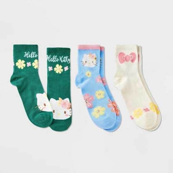 Girls' Hello Kitty 3pk Mid Crew Socks - Blue Cream Green S/M