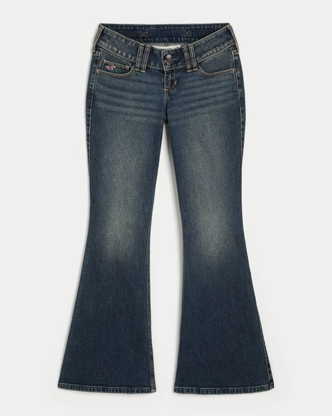 Adjustable Waist Ultra Low-Rise Dark Wash Back Buckle Flare Jeans