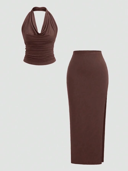 New Fashionable and Elegant Hanging Neck Top+Split Simple Solid Half Skirt Set - AliExpress 200000345