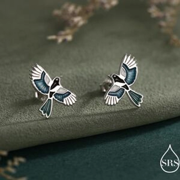 Magpie Bird Stud Earrings In Sterling Silver With Enamel Glaze