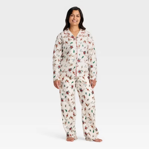 Women's The Grinch Print Long Sleeve Shirt and Pants Holiday Matching Family Pajama Set - Cream M