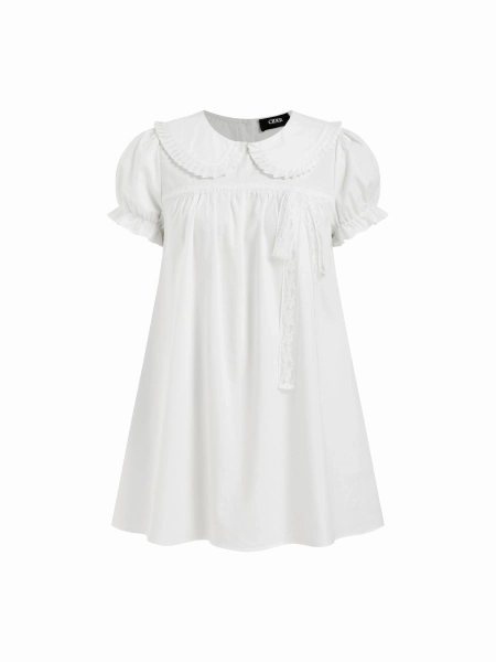 Cotton-blend Peter Pan Collar Puff Sleeve Lace Trim Mini Dress