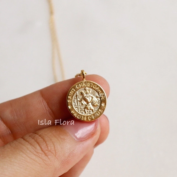 St Christopher the Patron Coin Pendant, Gold Silver Necklace, Saint Protection, Traveler's Charm, Minimal Jewelry, Vacation Bestie Gift