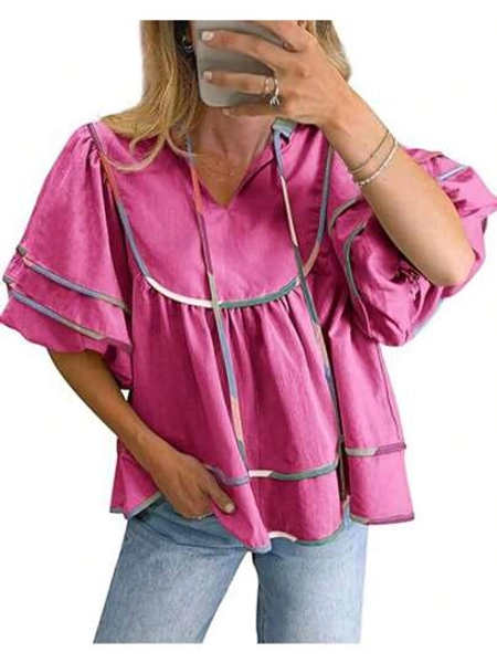 Women Summer Dressy Lantern Sleeve Tops 2025 Loose Fit Flowy Pleater Tie Front Tees Blouse