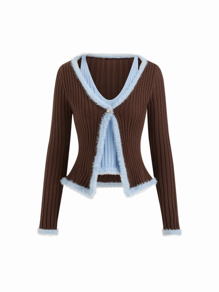 Knit V-neck Two Tone Patchy Faux Feather Long Sleeve Sweater