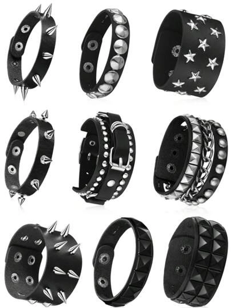 Yanxyad Black PU Leather Bracelet, Cool Rock Style Adjustable Rivet Punk Style Bracelet, Wristband For Men