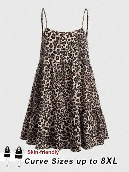 SHEIN CURVE+ Curves Plus Size/Chool Clothes/Back To School Clothes /Back To SchoolPlus Size Women Cute Holiday Leopard Print Backless Casual Loose Jumper Dress With Straps,Cheetah Print Dress