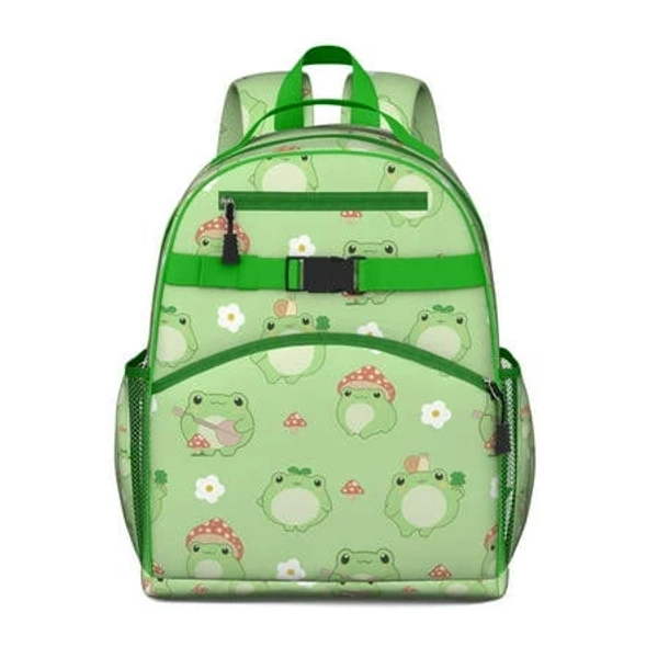 Forest Green Frog Students Backpack with Cute Cartoon Frog Print, Mushroom and Plant Pattern, and Nature-Inspired Design, Women's, Size: One size