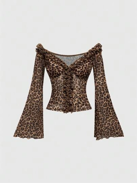 ROMWE Hippie Blusa transparente con manga acampanada, volantes y estampado de leopardo para mujer, de estilo vintage y hombros descubiertos
