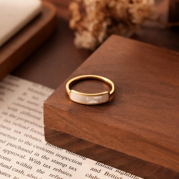 18K Gold Plated Ring: Mother of Pearl Inlay, Minimalist Jewelry