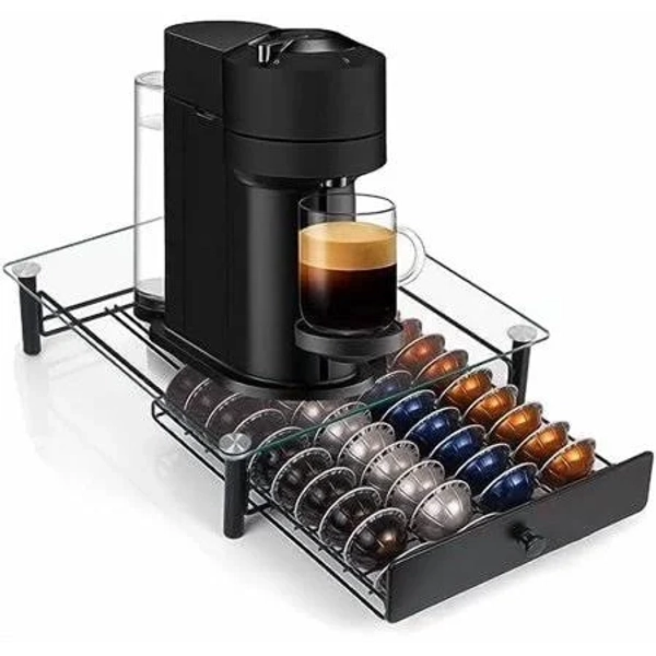 Tempered Glass Coffee Pod Drawer,Nespresso Vertuo Pod Holder Drawer for 401.35/2.7 floz) Vertuoline Pod, Nespresso Capsule Organizer Compatible with
