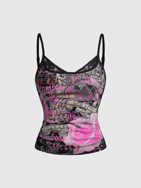 ROMWE Grunge Punk Y2K Retro Romantic Rose Floral & Vine Heart Rhinestone Decor Cropped Tube Top, Suitable For Summer Music Festival Outfits - Size S