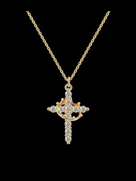 Mother's Day Gifts For Mom Upgraded Crown Cross Necklace For Women 14K Gold Plated Crown Cross Pendant Necklace Simple Diamond Gold Necklaces Faith Cross Jewelry First Communion Necklace