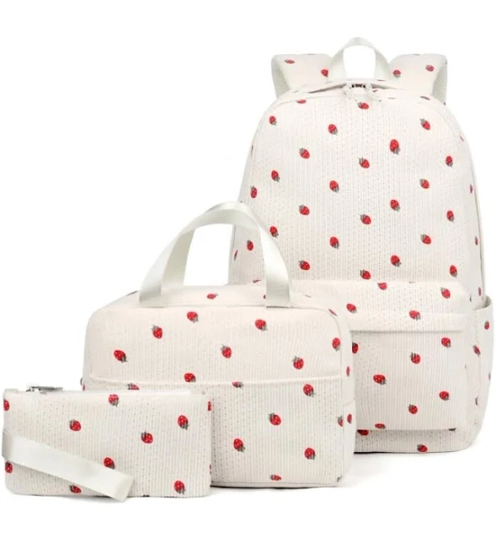 StaZamor 3Pcs Corduroy Strawberry Backpack Set for Girls with Matching Lunch Box, Fits 15.6 Inch Laptop, Cute School Bookbag, White