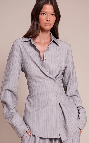 Light Grey Pinstripe Woven Asymmetric Button Shirt