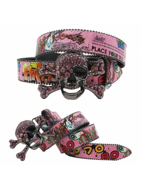 Pink Big Skull Punk Black Rhinestone Belt Rhinestone Soldier Belt Western Cowboy Y2K Fashion Belt Hip Hop Graffiti Summer, School Casual, Business, Boyfriend Husband Father Dad Men Gift, Daily Wear, Fashion, Teen, Outdoor, Vacation, Athletic, Travel, Street, Boho, Vintage Fall, Autumn, Halloween Autumn-Winter Accessories,Suitable For Teens, Youth,Men,Casual, Outdoor, Athletic, Vacation, Graduation Gifts, Birthday, Daily Wear