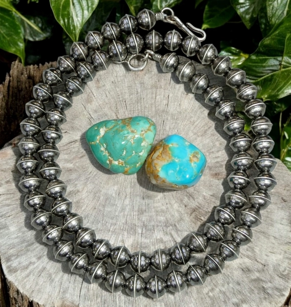 6mm Navajo Pearl NECKLACE Squash Blossom BENCH BEAD Vintage Oxid. STERLING ~ 18"
