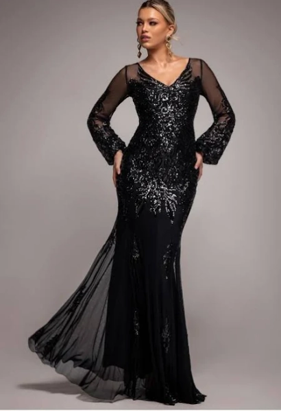 Goddiva Embellished Sequin Bishop Sleeve Maxi Dress