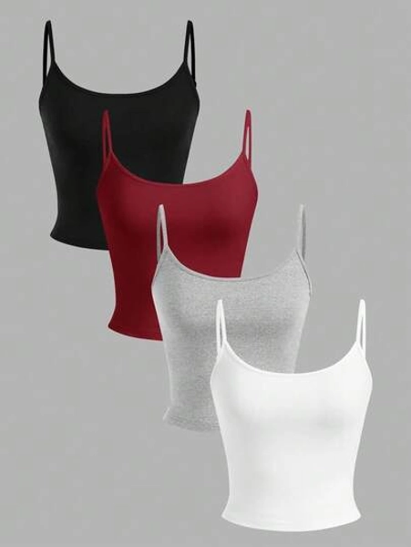 SHEIN EZwear 4pcs Women's Tight Fitted Cropped Casual Tank Tops In Black, Burgundy, Gray, White