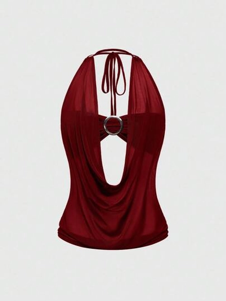 ROMWE Hippie Spring/Summer Valentine's Day Women's Y2K Retro Deep Draped Neck Backless Street Style Strapless Tank Top (Includes Camisole Lining) - Size XL