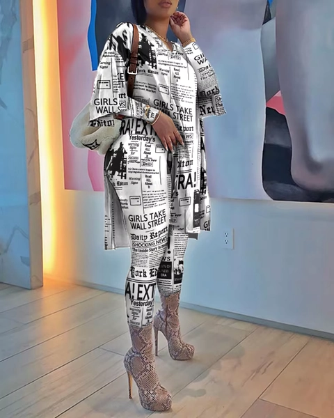 Newspaper Print Women Outfits Spring Women'S Tops And Pants  High Waist Casual Suit 2 Piece - AliExpress 200000345